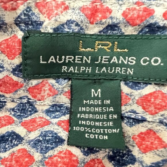 Lauren Ralph Lauren Womens Button Shirt Medium Cotton Red & Blue Geometric Print - Picture 8 of 10